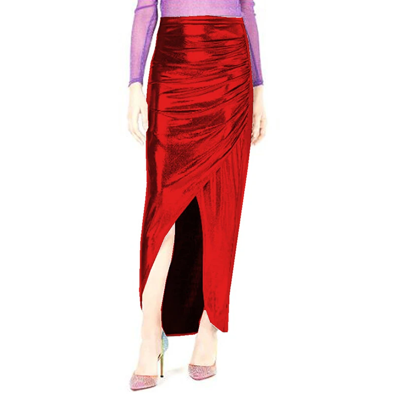 16 Цвята, секси дамски дълга пола с неправилна форма с брилянтен цепка отпред, плиссированная дизайнерска пола-молив Макси, удобна мода, градинска облекло Изображение 4