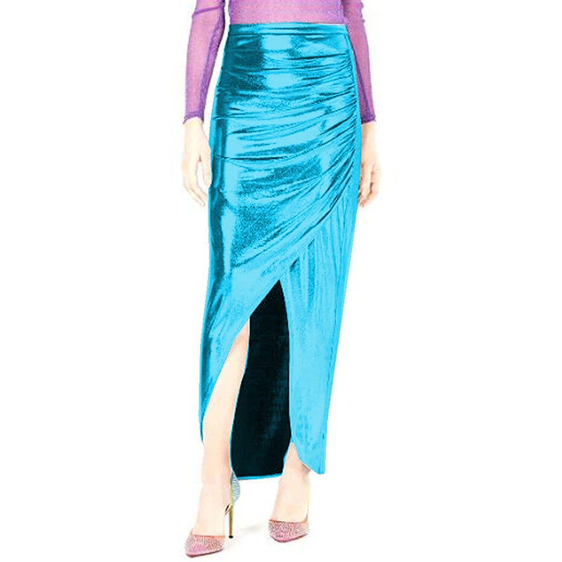 16 Цвята, секси дамски дълга пола с неправилна форма с брилянтен цепка отпред, плиссированная дизайнерска пола-молив Макси, удобна мода, градинска облекло Изображение 5