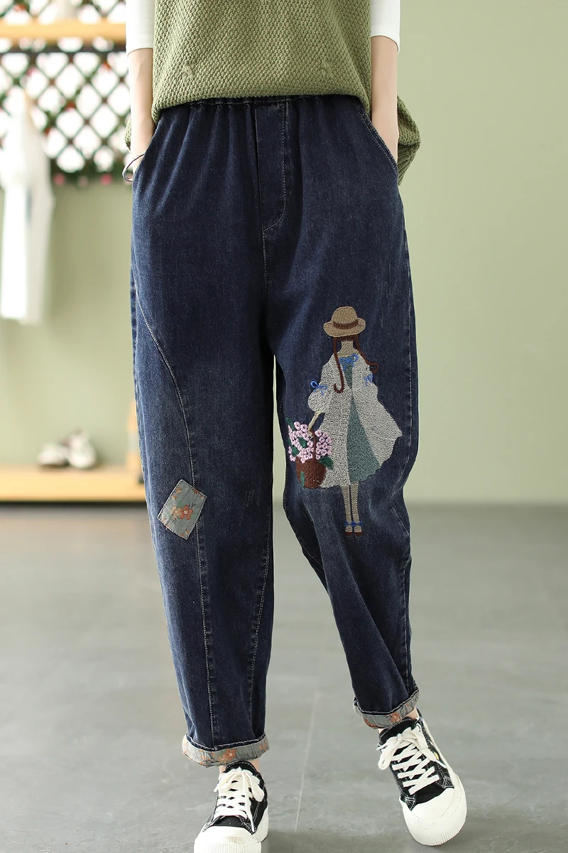 Mori Момиче 2023, пролетни дамски дънки с анимационни бродерия, директни зреещи с еластични джобове на кръста, свободни дънкови панталони, женски Изображение 5