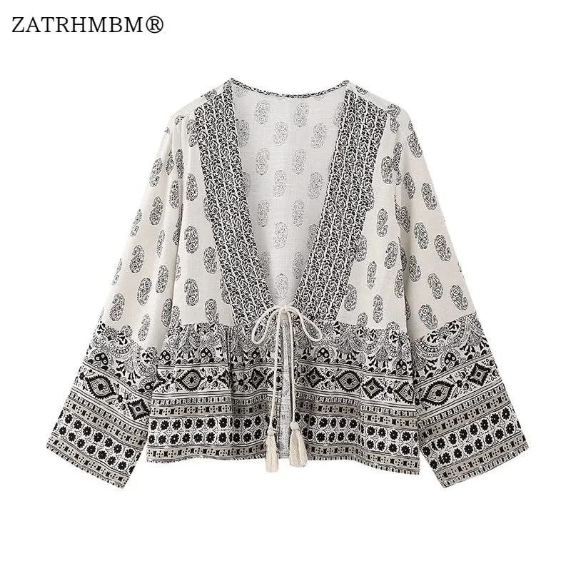 ZATRHMBM, женски 2023, пролетно-лятно палто-жилетка с модерен принтом, реколта дамски Връхни дрехи дантела с дълъг ръкав, шик Върховете Изображение 0