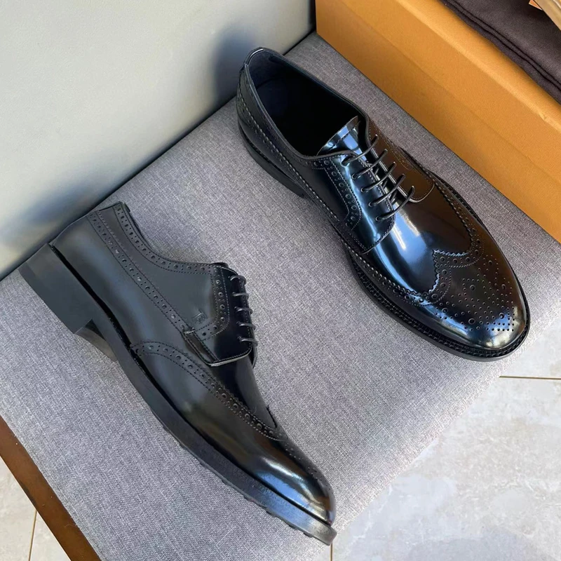 Бесподобные обувки в стил дерби, мъжки бизнес обувки от черна матирана кожа на платформа, ефектни издълбани броги, мъжки обувки Изображение 1