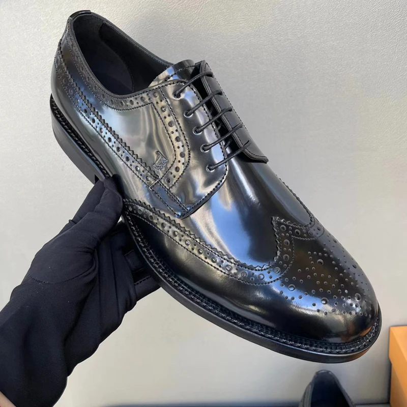 Бесподобные обувки в стил дерби, мъжки бизнес обувки от черна матирана кожа на платформа, ефектни издълбани броги, мъжки обувки Изображение 2