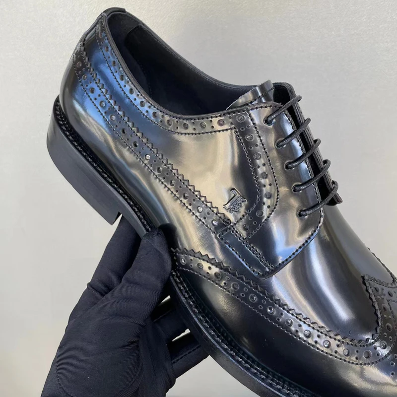 Бесподобные обувки в стил дерби, мъжки бизнес обувки от черна матирана кожа на платформа, ефектни издълбани броги, мъжки обувки Изображение 5