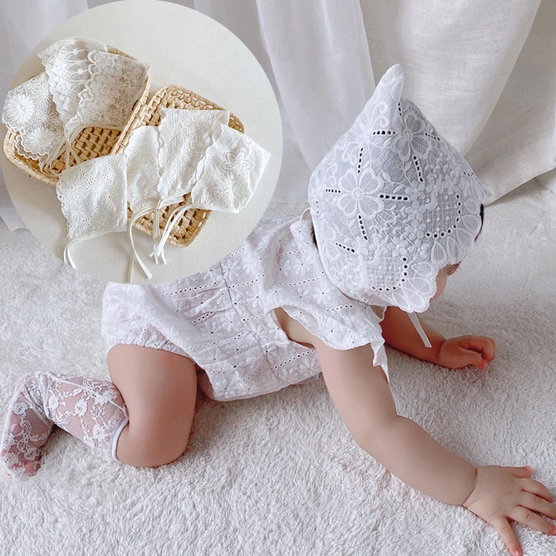 Бяла Лейси детска шапчица с цветен модел, лятна окото дишаща памучен Шапка за малки момичета, Шапки за бебета, Реквизит за снимки Изображение 0