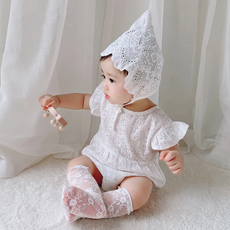 Бяла Лейси детска шапчица с цветен модел, лятна окото дишаща памучен Шапка за малки момичета, Шапки за бебета, Реквизит за снимки Изображение 3