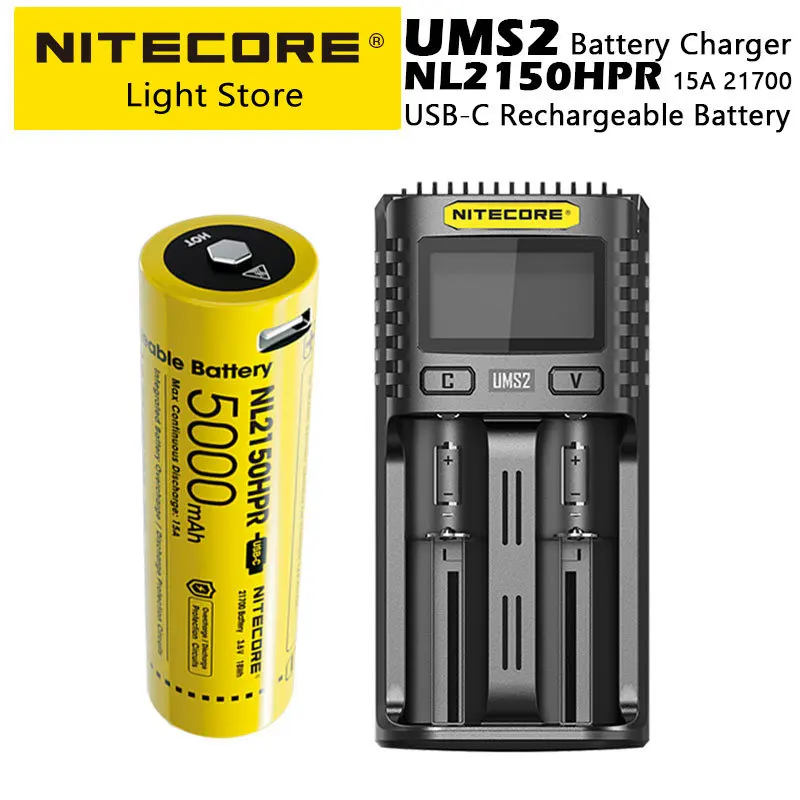 Зарядно устройство NITECORE UMS2, Литиево-йонна батерия NL2150HPR 21700 15A 5000mAh С висока степен на навлизане на Неограничена Енергия 18Wh С Възможност за зареждане чрез USB-C Изображение 0