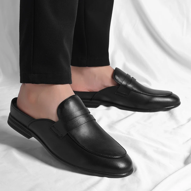Класическа черна мъжка лятна обувки от естествена кожа, мъжки джапанки, ежедневни дизайнерски обувки, модни лоферы, луксозни меки чехли 2023 г. Изображение 4