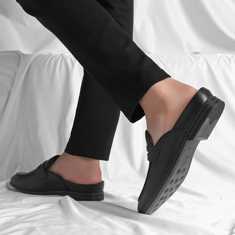 Класическа черна мъжка лятна обувки от естествена кожа, мъжки джапанки, ежедневни дизайнерски обувки, модни лоферы, луксозни меки чехли 2023 г. Изображение 5