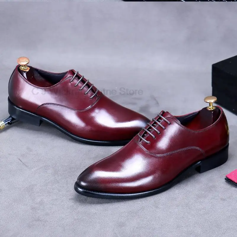 Луксозни мъжки обувки Oxfords от естествена кожа ръчно изработени черен, кафяв, вино-червено на цвят дантела с остри пръсти, сватбена офис вечерна рокля, мъжки обувки Изображение 3