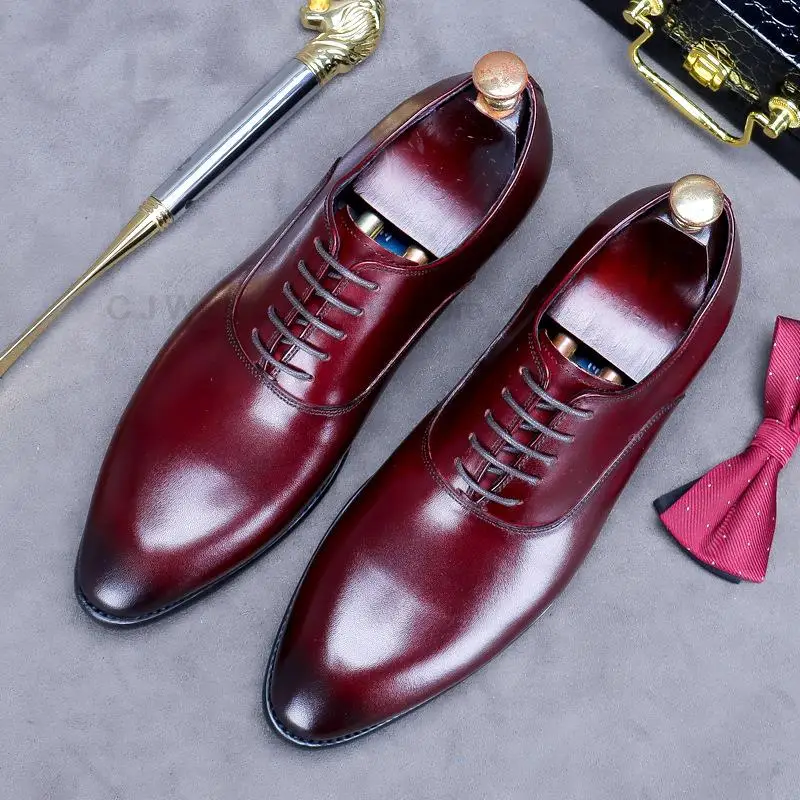 Луксозни мъжки обувки Oxfords от естествена кожа ръчно изработени черен, кафяв, вино-червено на цвят дантела с остри пръсти, сватбена офис вечерна рокля, мъжки обувки Изображение 4
