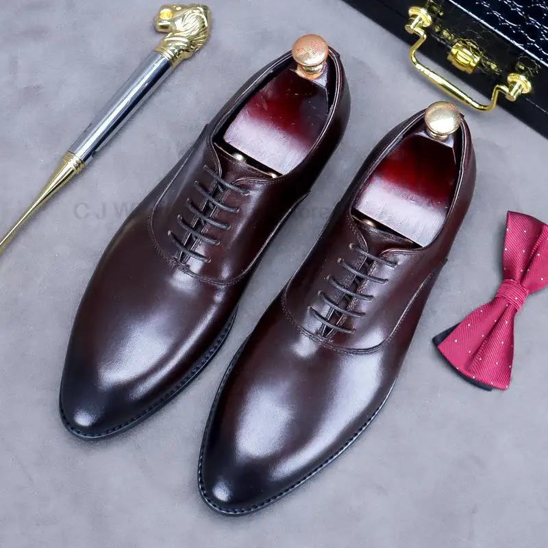 Луксозни мъжки обувки Oxfords от естествена кожа ръчно изработени черен, кафяв, вино-червено на цвят дантела с остри пръсти, сватбена офис вечерна рокля, мъжки обувки Изображение 5