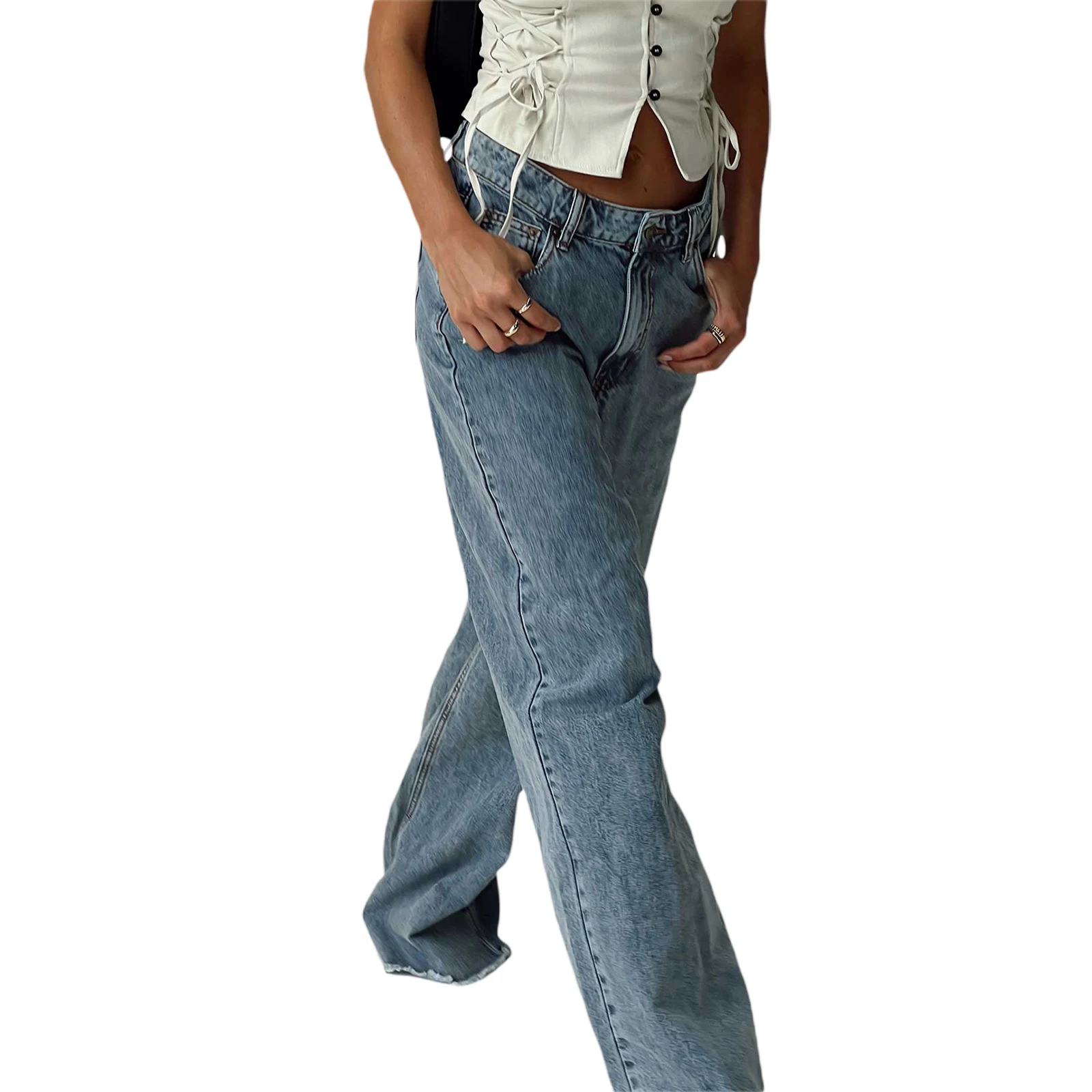 Модни дамски широки дънкови панталони, обикновена разтеглив ежедневните свободни панталони Изображение 5